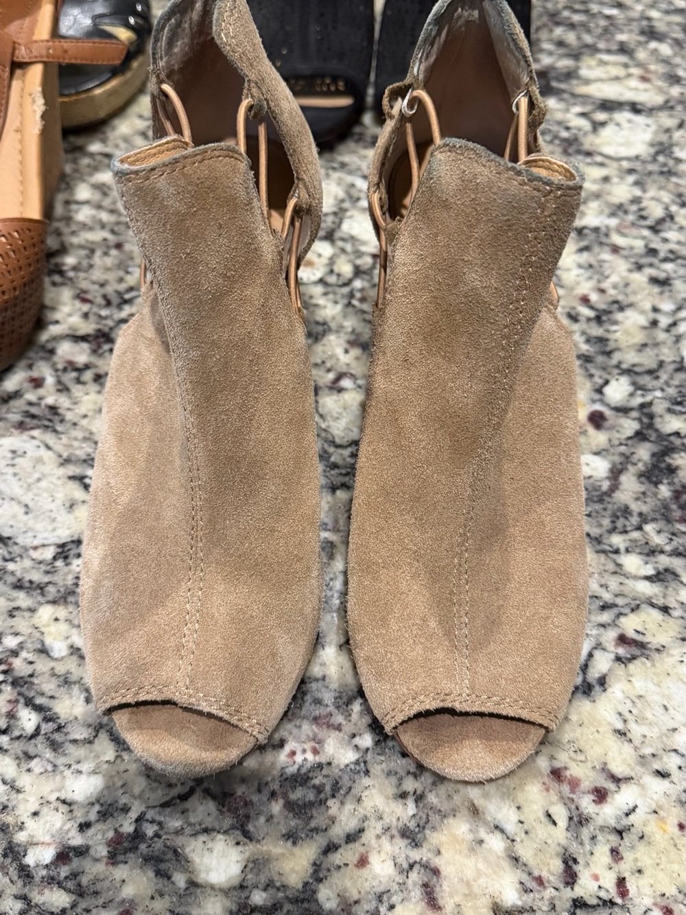 Lucky Brand Tan Suede Peep-Toe Mule Sandals